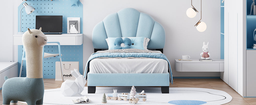 Leoglint Twin Size Upholstered Velvet Platform Bed Frame with Shell-Shaped Headboard, Blue