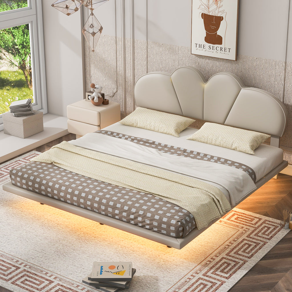 Queen Size Upholstery LED Floating Bed Frame with PU Leather Headboard and Support Legs,Beige