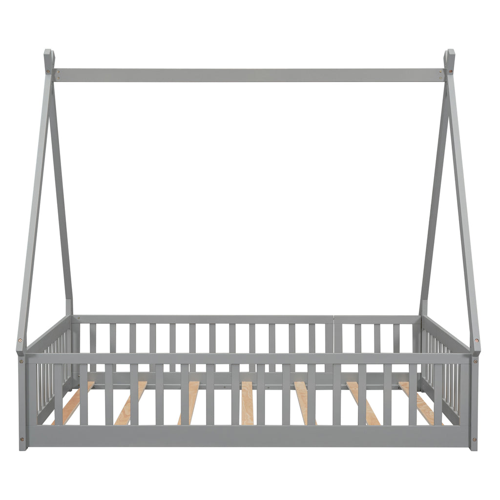 Leoglint Full Tent-shaped Floor Bed Frame, with Guardrails, Slats, Door ,Grey