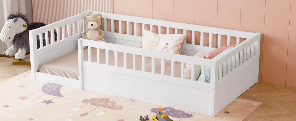 Twin Floor Bed Frame with Fence, Wood Kids Floor Beds Frame for Bedroom Playroom,White(Expect arrive date Jun. 21st)