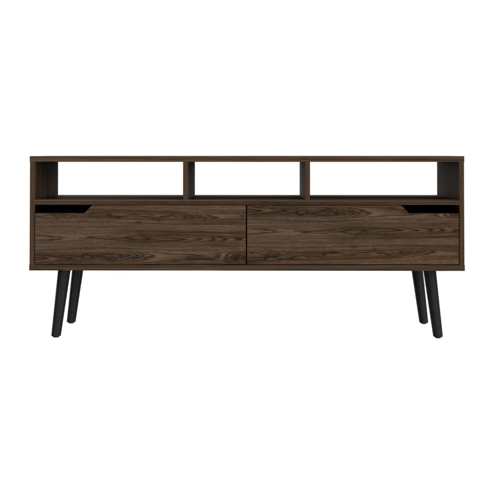 Leoglint Kobe Tv Stand for TV´s up 52", Three Open Shelves, Two Flexible Drawers, Dark Walnut