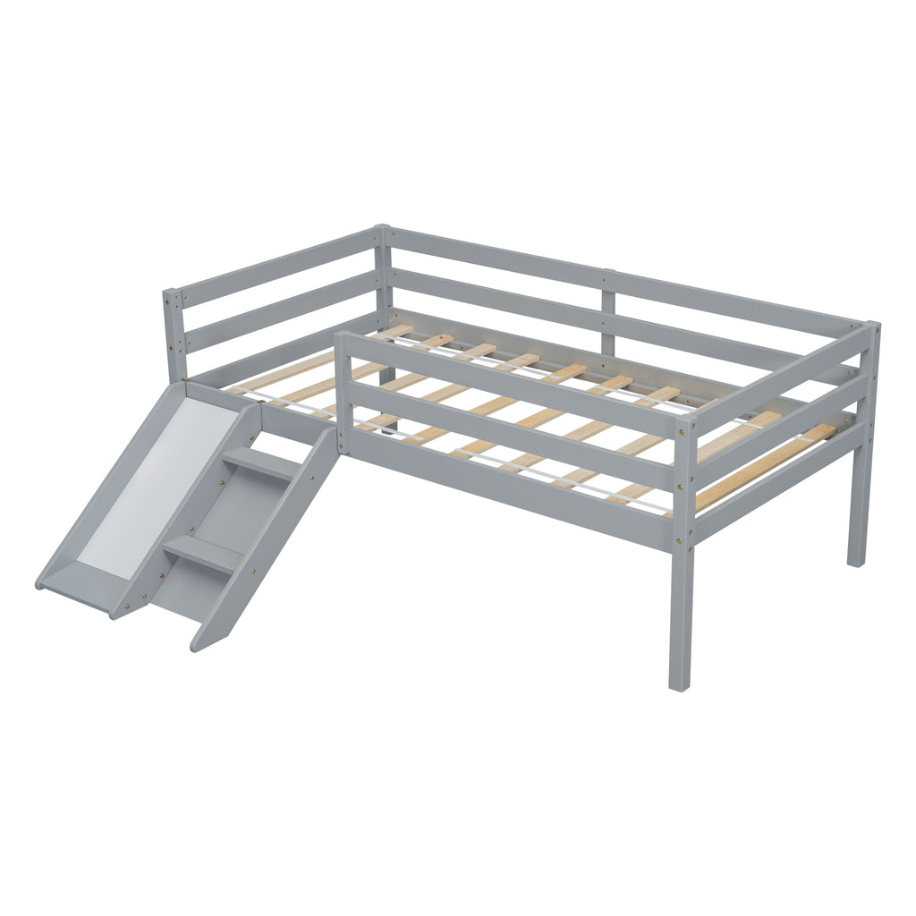 Twin Low Loft Bed Frame with Slide,  Ladder, Safety Guardrails, No Box Spring Needed,Grey