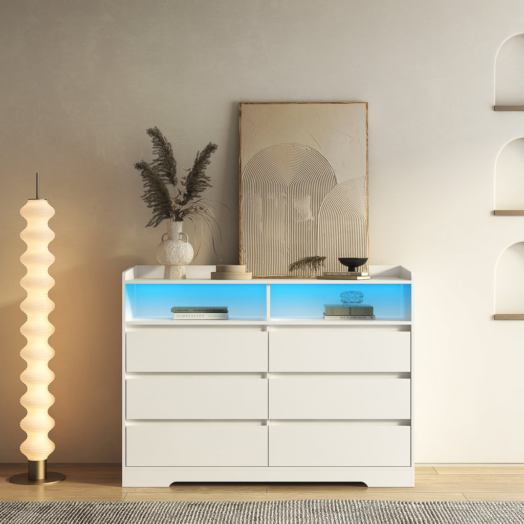 Leoglint 6 Drawer Chest Drawer Dresser, White Dresser for Bedroom with LED Lights, Modern Dressers & Chests of Drawers with Sturdy Frame for Living Room, Entryway, Hallway