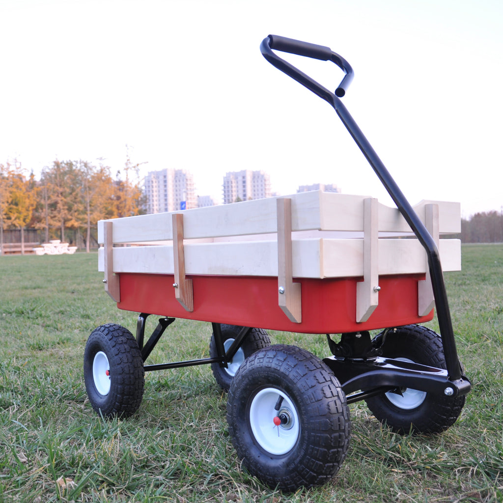 Leoglint Outdoor Wagon All Terrain Pulling Wood Railing Air Tires  Garden cart (Red+white)