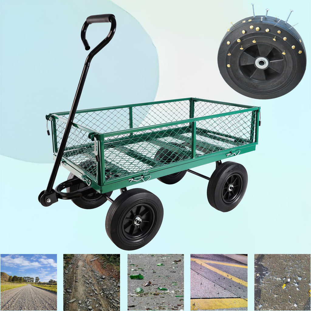 Leoglint (Green solid wheels wagon cart) Solid wheels Tools cart Wagon Cart Garden cart trucks  make it easier to transport firewood