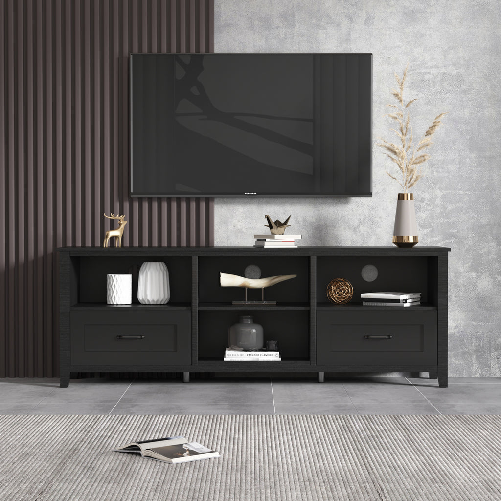 Leoglint 70.08 Inch Length Black TV Stand for Living Room and Bedroom, with 2 Drawers and 4 High-Capacity Storage Compartment.