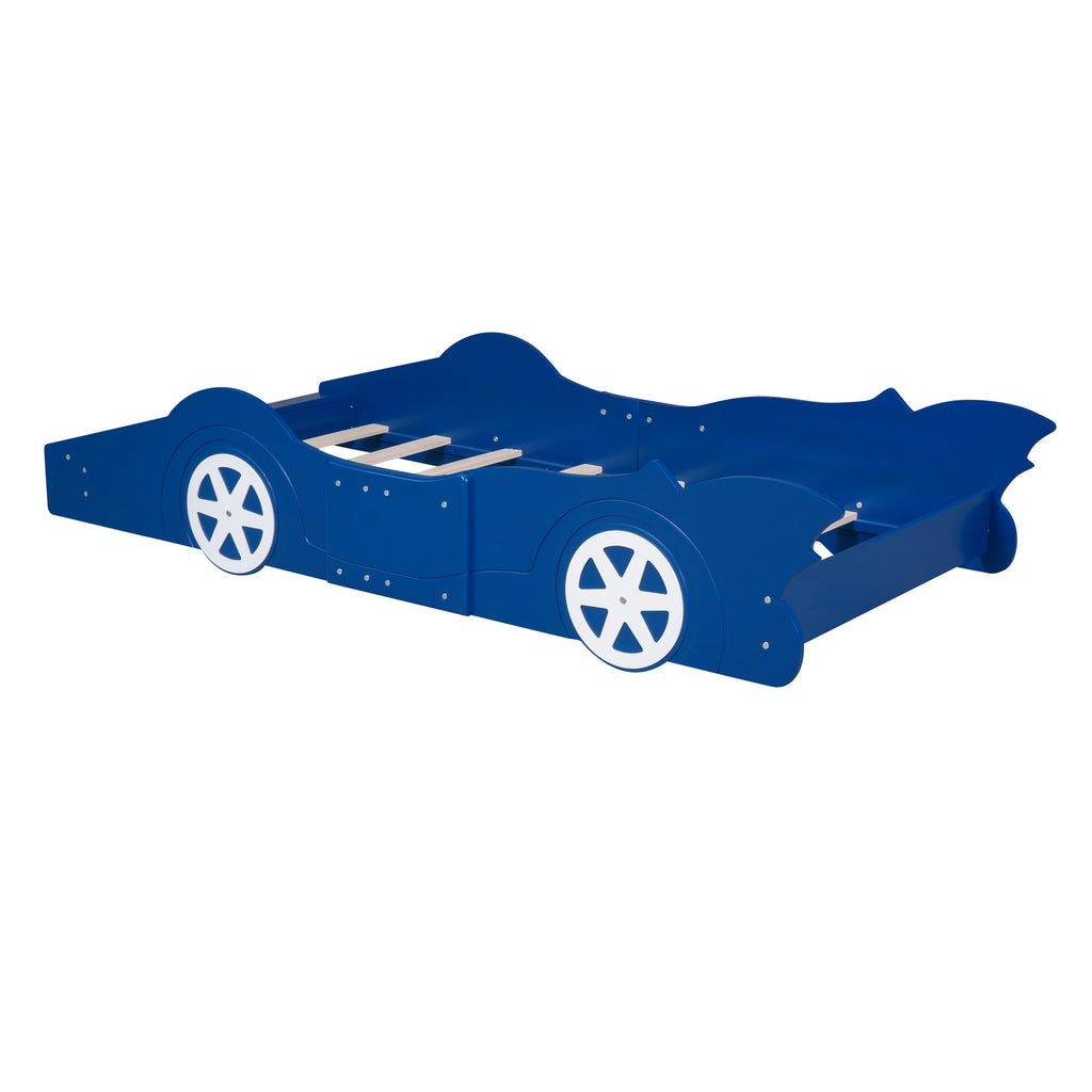 Leoglint Twin Size Race Car-Shaped Platform Bed Frame with Wheels,Blue