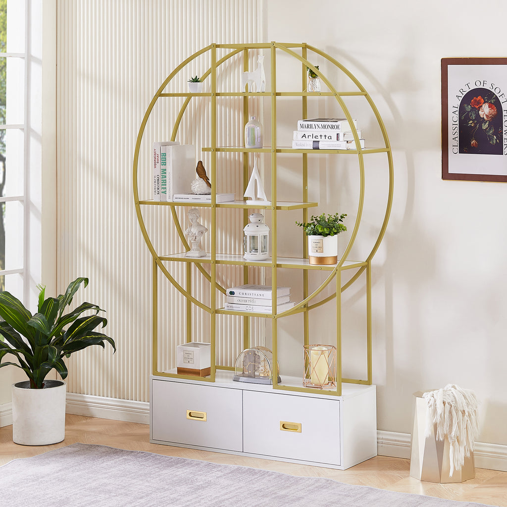 Leoglint 70.8 Inch Round Office Bookcase Bookshelf, Display Shelf, Two Drawers, Gold Frame