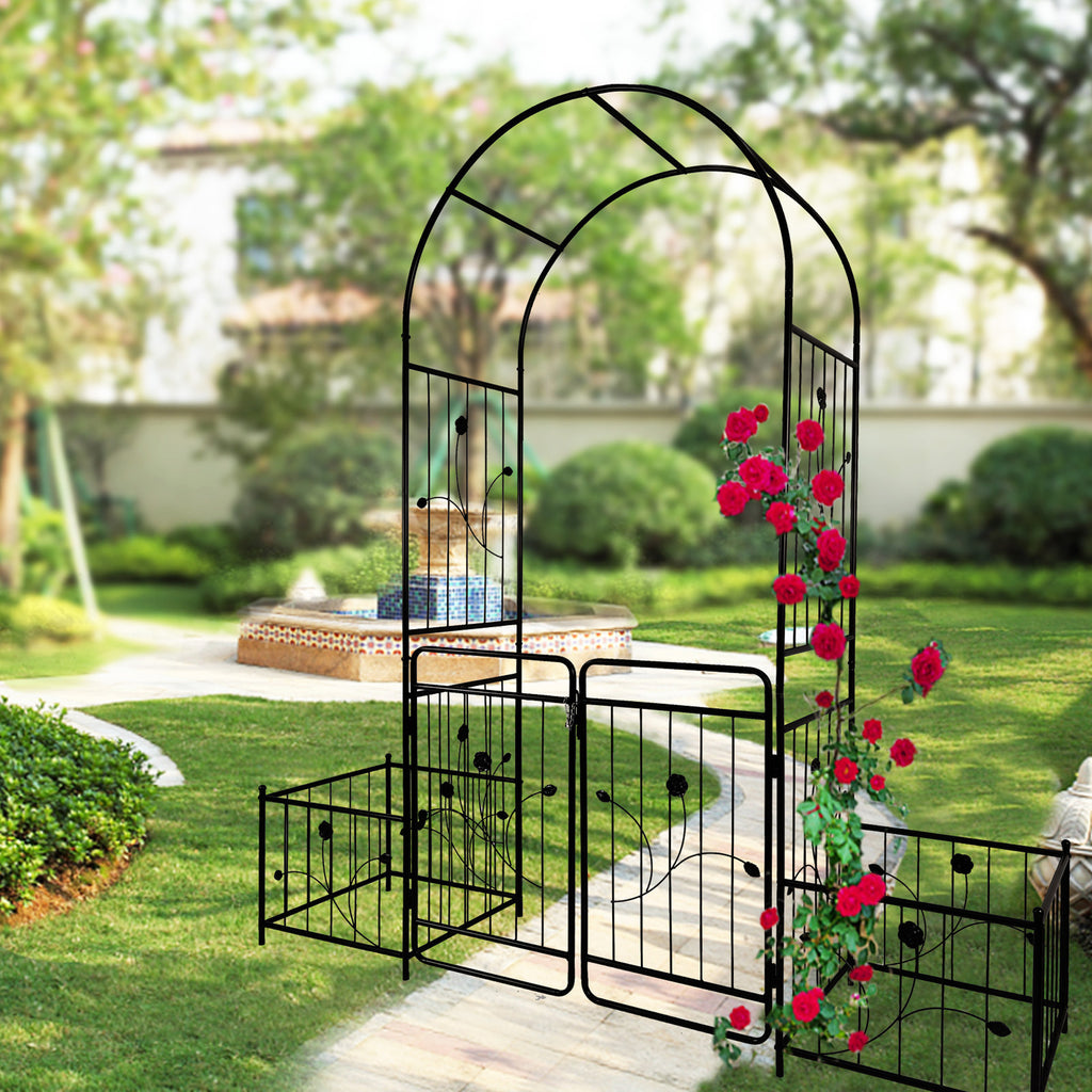 Leoglint Metal Garden Trellis with Gate 79.5'' Wide x 86.6'' High Climbing Plants Support Rose Arch Outdoor Black