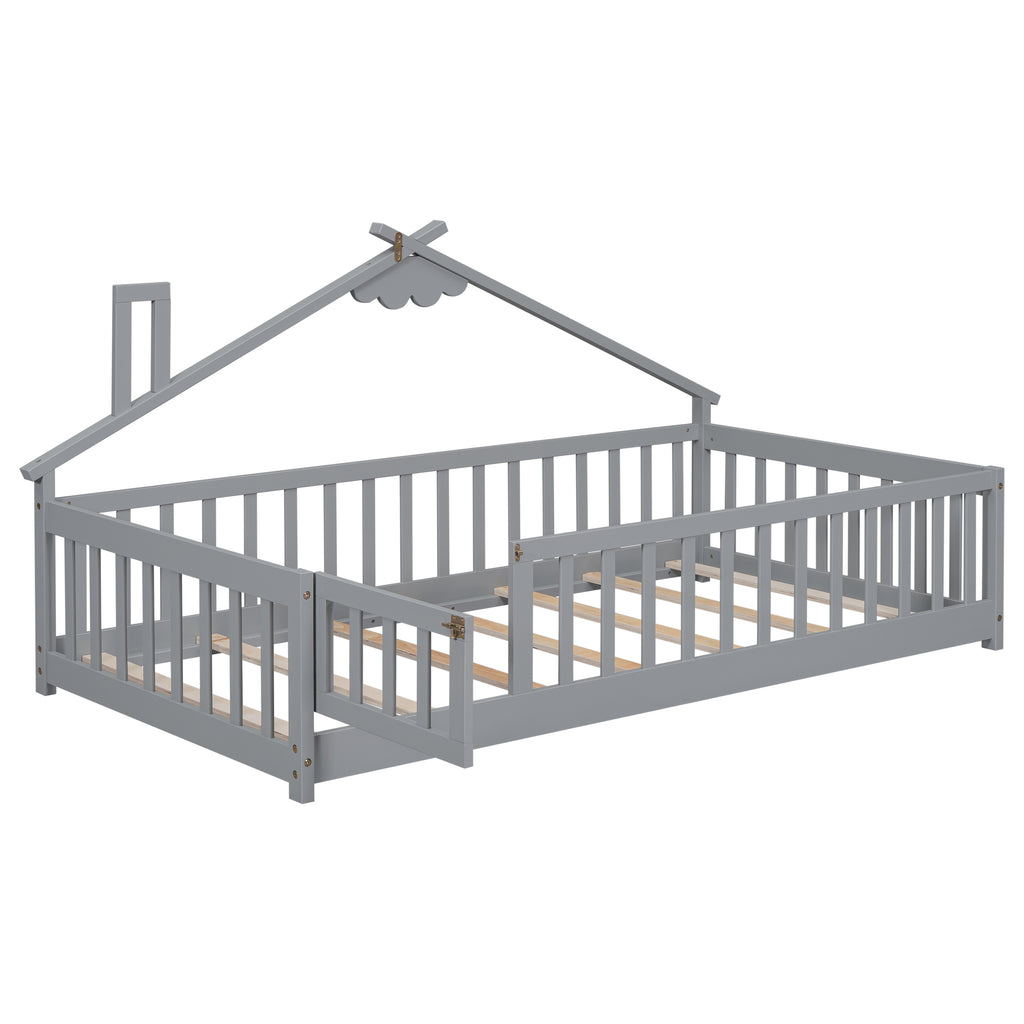 Twin House-Shaped Bedside Floor Bed Frame with Guardrails, Slats, with Door,Grey