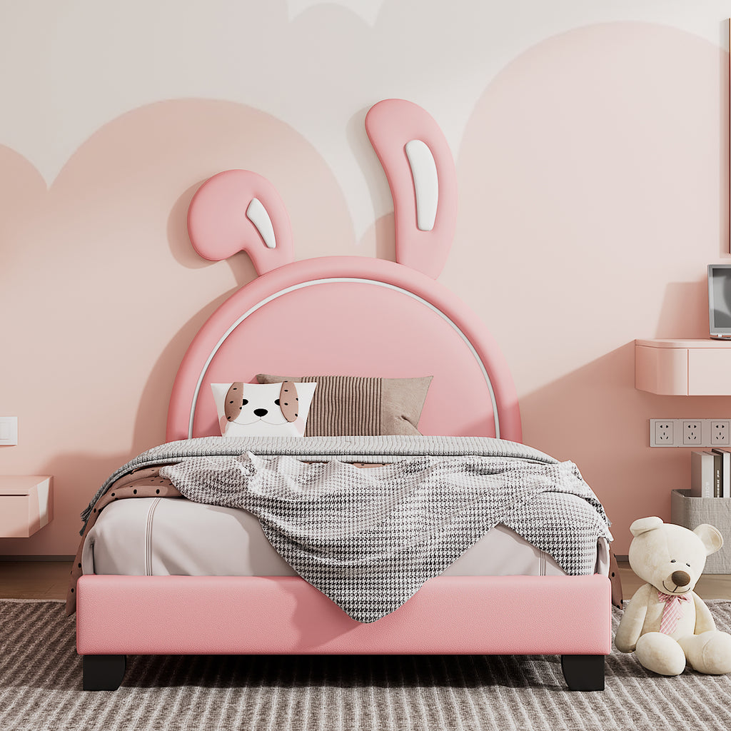 Leoglint Twin Size Upholstered Leather Platform Bed Frame with Rabbit Ornament, Pink