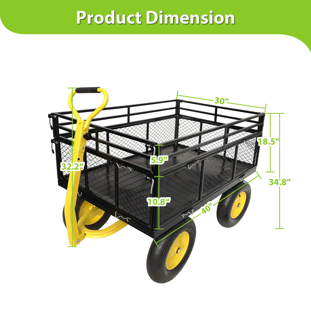 Leoglint Steel Garden Cart, Heavy Duty 1400 lbs Capacity, with Removable Mesh Sides to Convert into Flatbed, Utility Metal Wagon with 2-in-1 Handle and 16 in Tires, Perfect for Garden, Farm, Yard