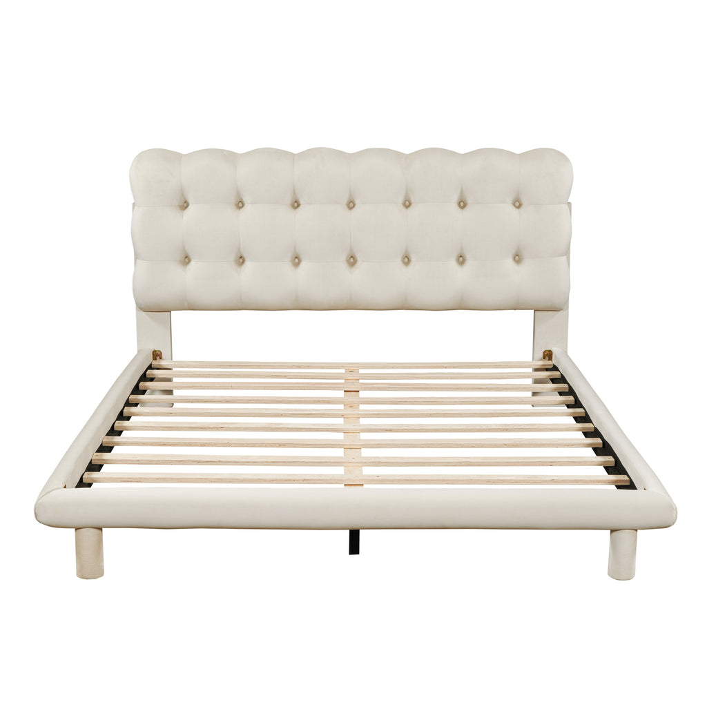 Queen Size Velvet Platform Bed with LED Frame, Thick & Soft Fabric and Button-tufted Design Headboard, Beige