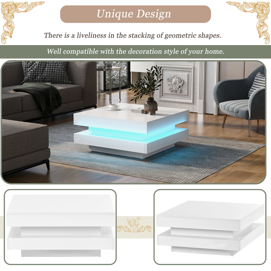 Leoglint ON-TREND High Gloss Minimalist Design with LED Lights, 2-Tier Square Coffee Table, Center Table for Living Room, 31.5''x31.5''x14.2'', White