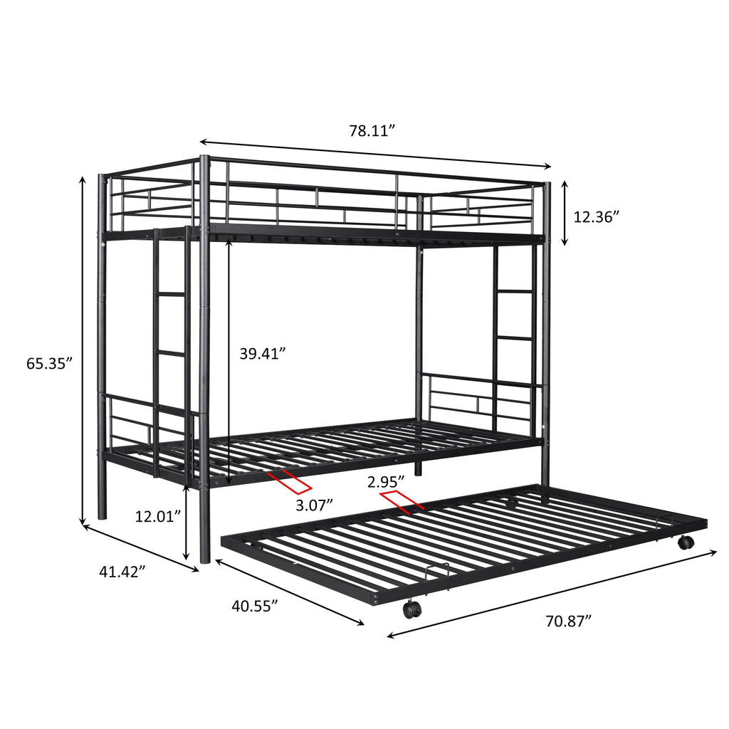 Metal Twin over Twin Bunk Bed Frame with Trundle/Can Be Separated into 2 Twin Beds/ Heavy-duty Sturdy Metal/ Noise Reduced/ Safety Guardrail/ Trundle for Flexible Space/ Bunk Bed for Three/ CPC Certified