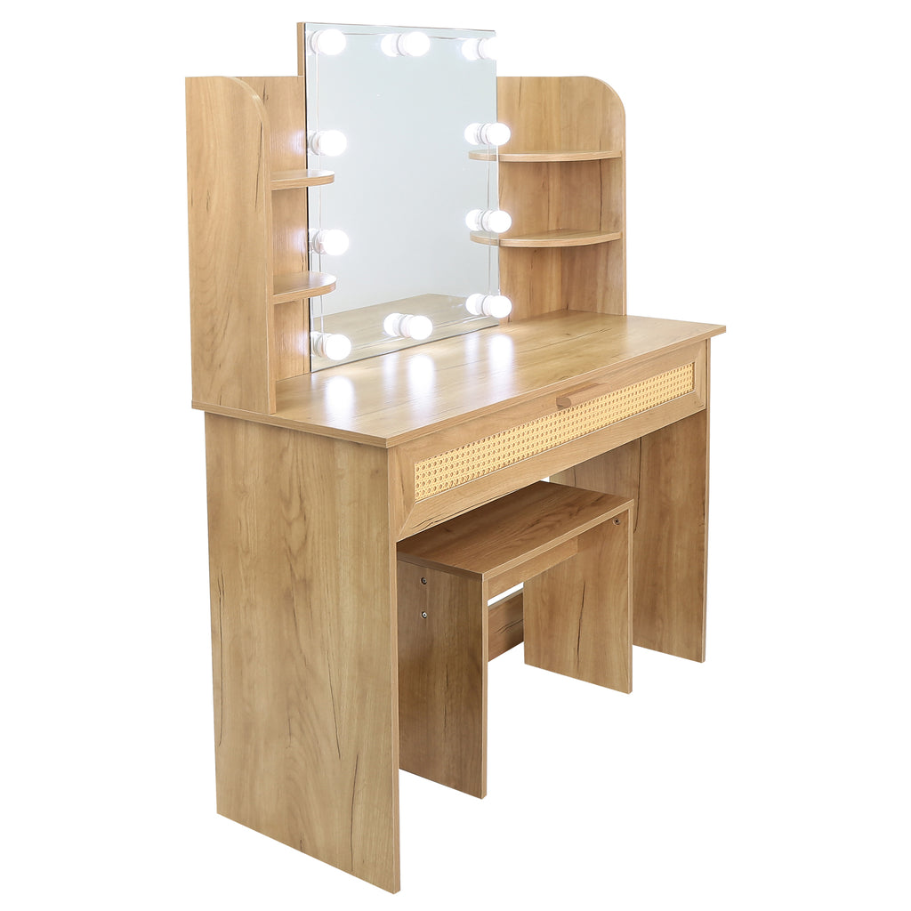 Leoglint Drawer Chest Vanity Desk Set Stool & Dressing Table with LED Lighting Mirror Drawer and Compartments Modern Wood Cosmetic Table Chest of Drawers Nature Color