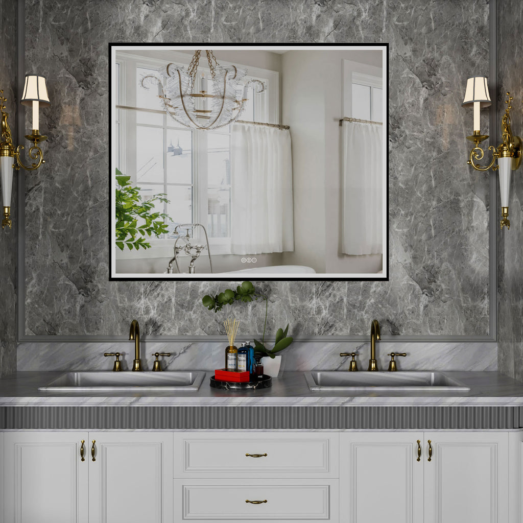 Leoglint "36X36 LED Bathroom Mirror with Frame, Stepless Dimmable Wall Mirrors with Anti-Fog, Shatter-Proof, Memory, 3 Colors"