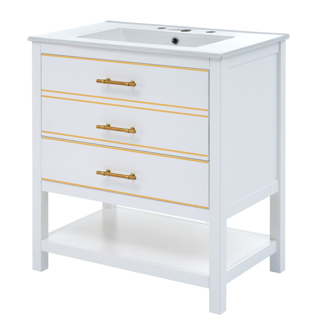 Leoglint [Viedo]Modern 30inch Navy Blue/White Bathroom Vanity Cabinet Combo with OpenStorge, Two Drawers