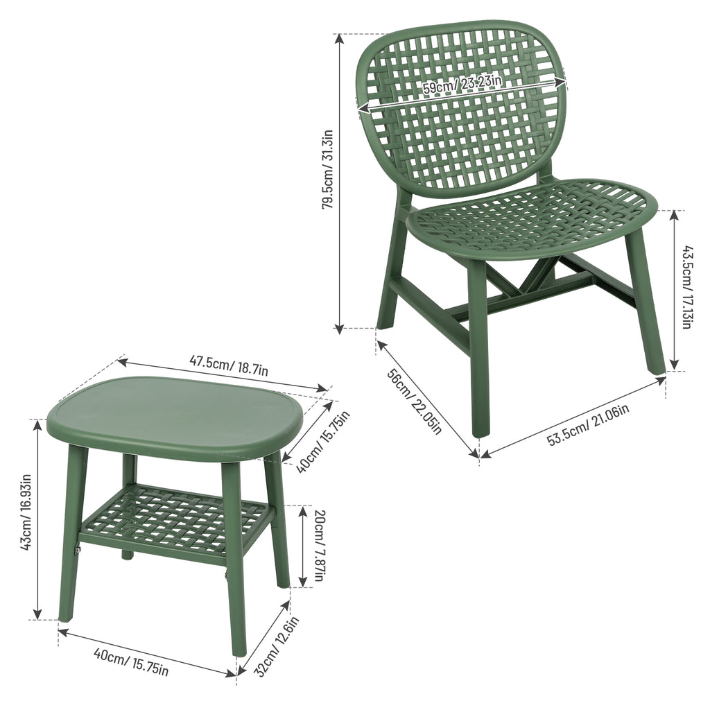 Leoglint 3 Pieces Hollow Design Retro Patio Table Outdoor Chair Set All Weather Conversation Bistro Set Outdoor Table with Open Shelf and Lounge Chairs with Widened Seat for Balcony Garden Yard  Green