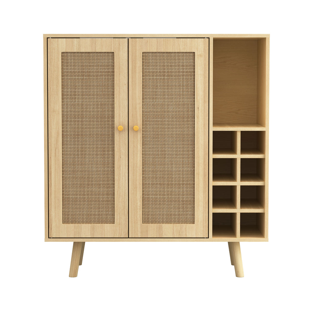 Leoglint Sideboard Bohemian Bar Cabinet, Natural Rattan Doors, Removable Wine Rack in Natural Wood