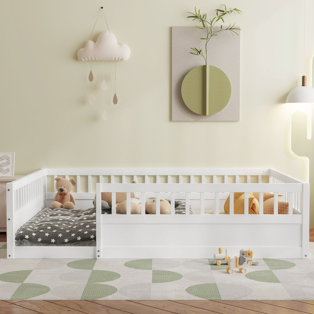 Leoglint Full Floor Bed Frame with Fence, Wood Kids Floor Beds Frame for Bedroom Playroom,White(Expect arrive date Jul. 10th)