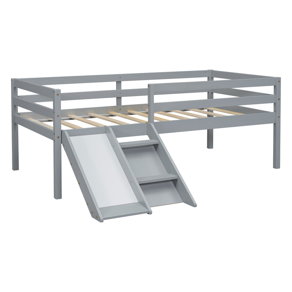 Twin Low Loft Bed Frame with Slide,  Ladder, Safety Guardrails, No Box Spring Needed,Grey