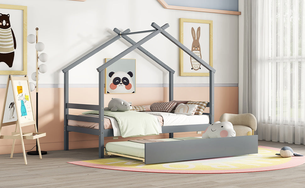 Leoglint Twin Size  House-shaped Bed Frame with Trundle,Grey