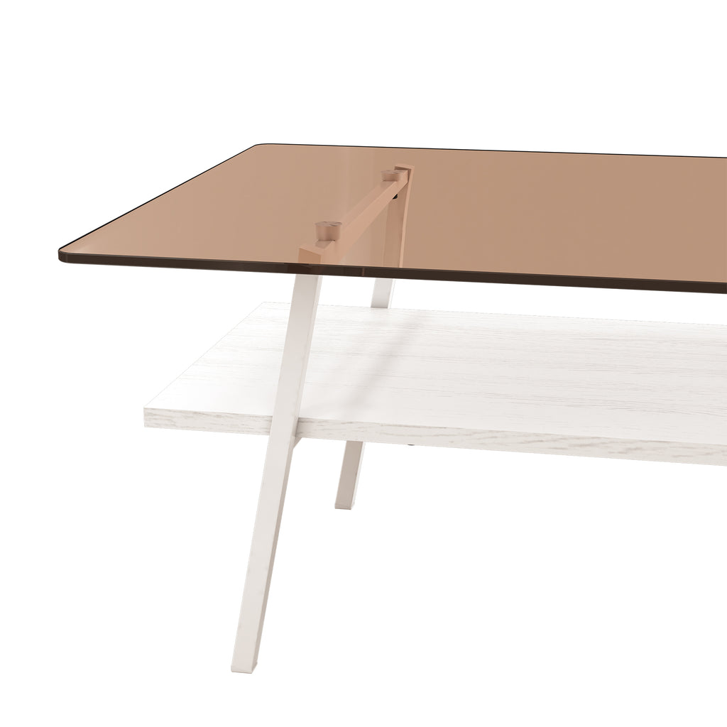 Leoglint Rectangle Coffee Table, Tempered Glass Tabletop with White Metal Legs, Modern Table for Living Room , Brown Glass