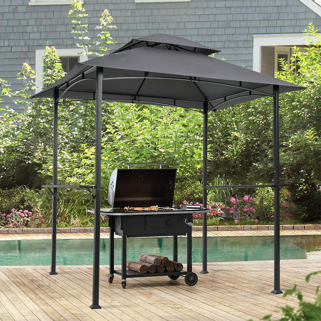 Leoglint Outdoor Umbrella Grill Gazebo 8 x 5 Ft, Shelter Tent, Double Tier Soft Top Canopy and Steel Frame with hook and Bar Counters, Grey