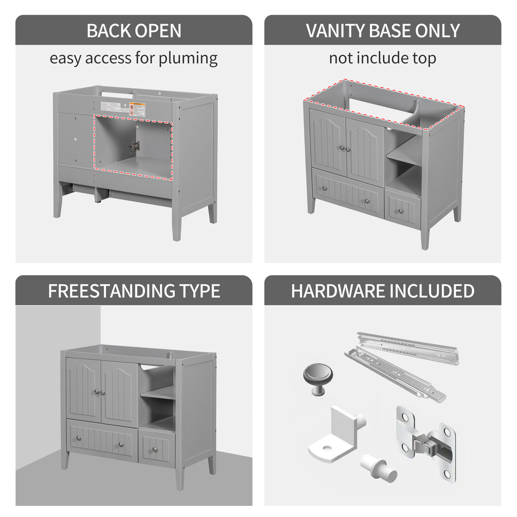 Leoglint 36" Bathroom Vanity Base Only, Solid Wood Frame and MDF Boards, Grey