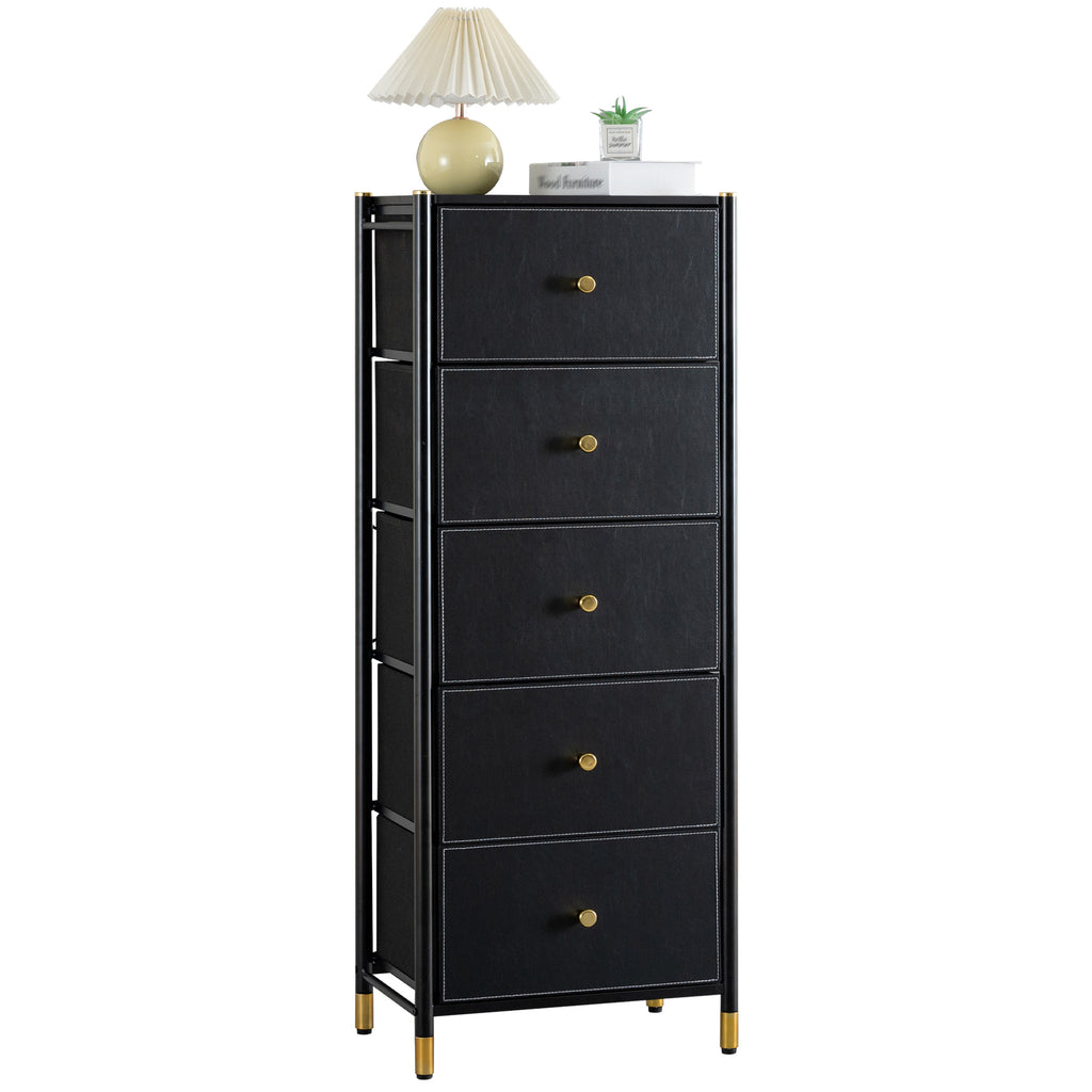 Leoglint Drawer Chest Drawer Dresser cabinet, Tall Dresser with 5 PU Leather Front Drawers, Storage Tower with Fabric Bins, Double Dresser, Chest of Drawers for Closet, Living Room, Hallway, Children's Room, color:Black