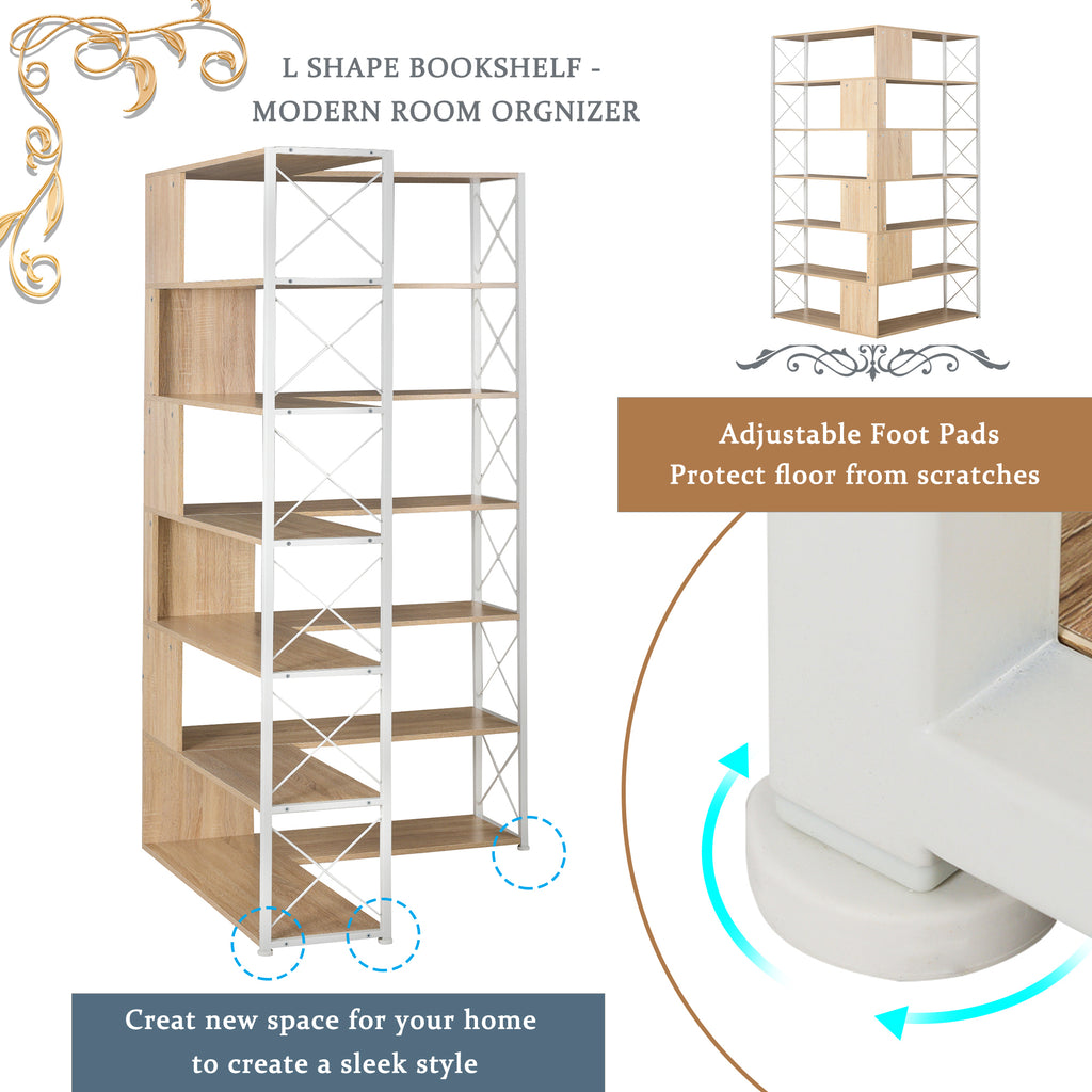 Leoglint 7-Tier Bookcase Home Office Bookshelf,  L-Shaped Corner Bookcase with Metal Frame, Industrial Style Shelf with Open Storage, MDF Board