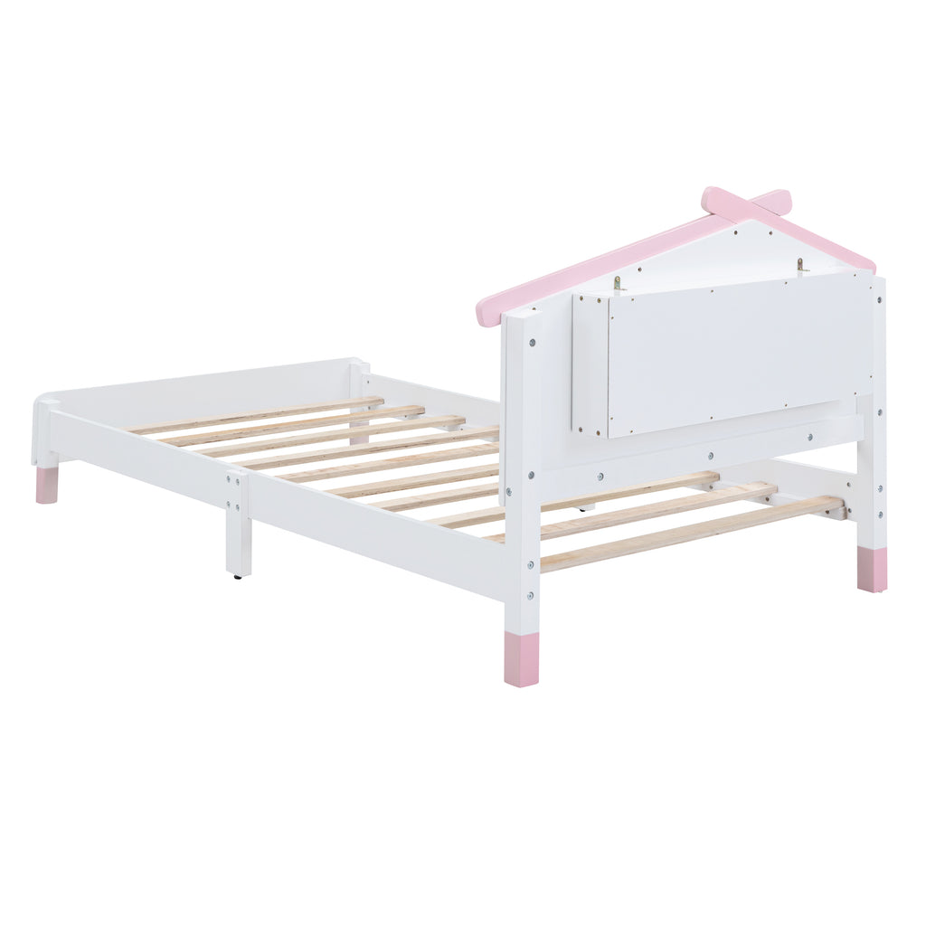 Leoglint Twin Size Wood Platform Bed Frame with House-shaped Headboard and Motion Activated Night Lights (White+Pink)