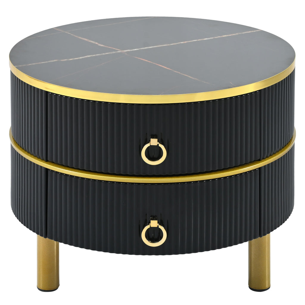 Leoglint ON-TREND Φ27.5'' & Φ19.6'' Stackable Coffee Table with 2 Drawers, Nesting Tables with Brown Tempered Glass and High Gloss Marble Tabletop, Set of 2, Round Center Table for Living Room, Black