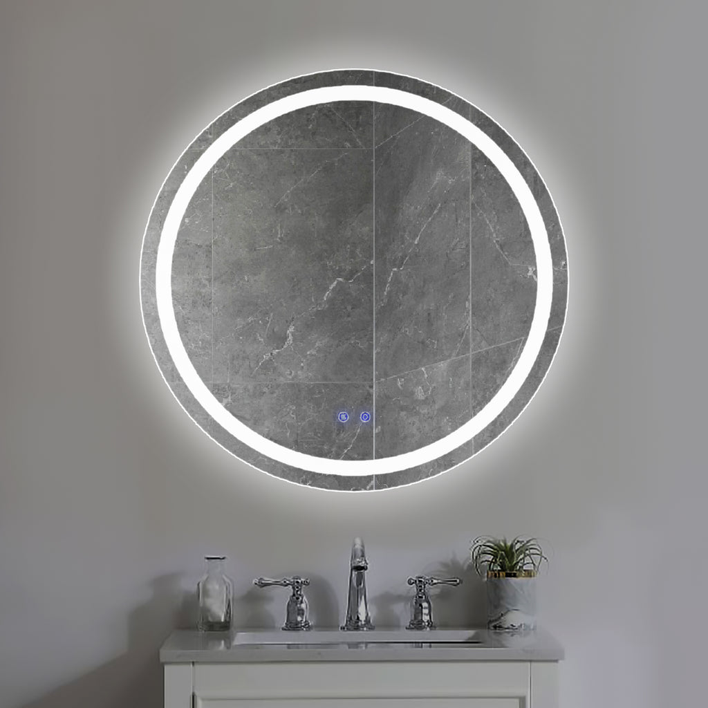 Leoglint 32 x 32 Inch Round Frameless LED Illuminated Bathroom Mirror, Touch Button Defogger, Metal, Frosted Edges, Silver