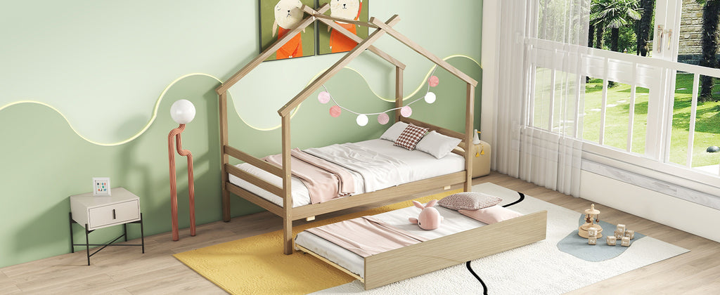 Leoglint Twin Size  House-shaped Bed Frame with Trundle,Natural