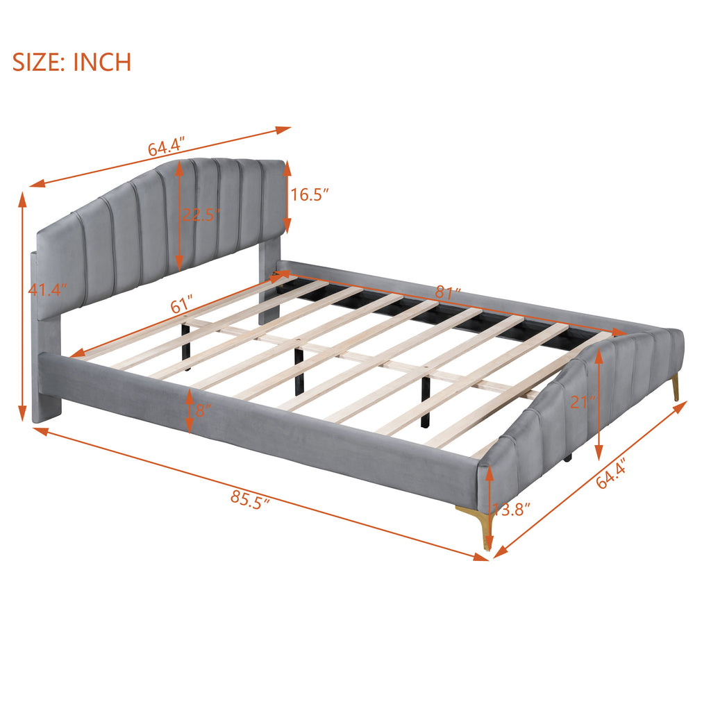 Queen Size Velvet Platform Bed Frame with Thick Fabric, Stylish Stripe Decorated Bedboard and Elegant Metal Bed Leg, Gray