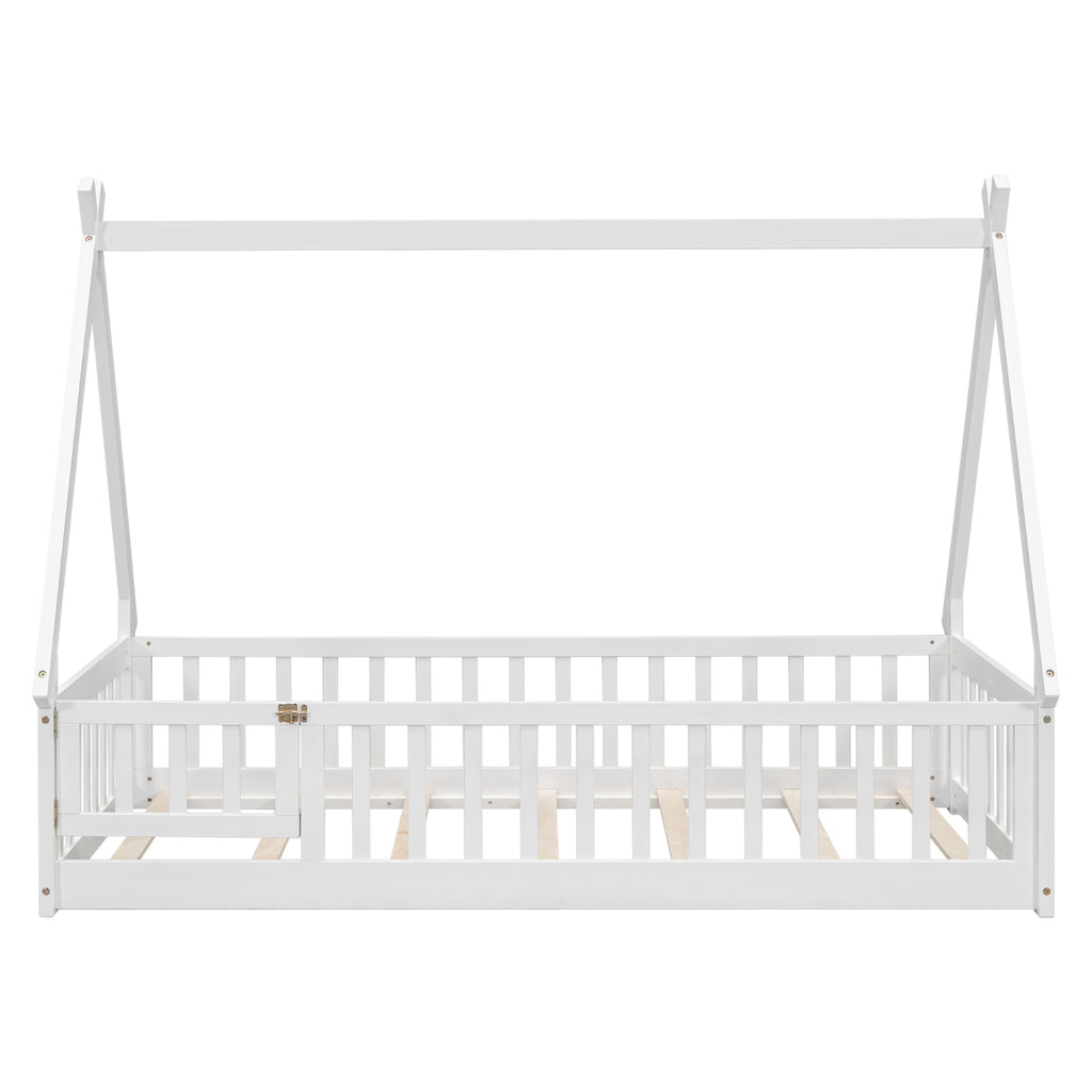 Leoglint Twin Tent-shaped Floor Bed Frame, with Guardrails, Slats, Door ,White