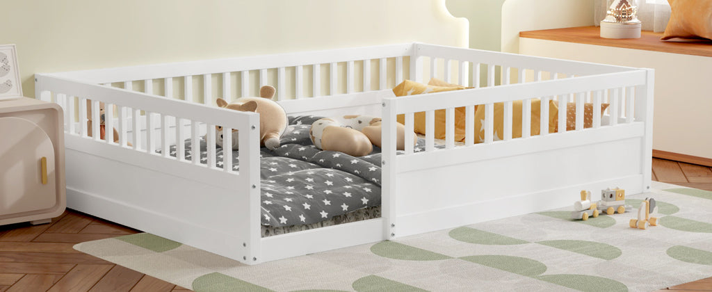 Leoglint Full Floor Bed Frame with Fence, Wood Kids Floor Beds Frame for Bedroom Playroom,White(Expect arrive date Jul. 10th)