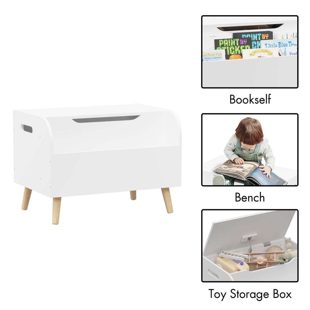 Leoglint Wooden Toy Box, Kids Toy Storage Organizer with Front Bookshelf, Flip-Top Lid, Safety Hinge, Boys Girls Toy Chest Bench for Playroom Kids Room Organization (White)