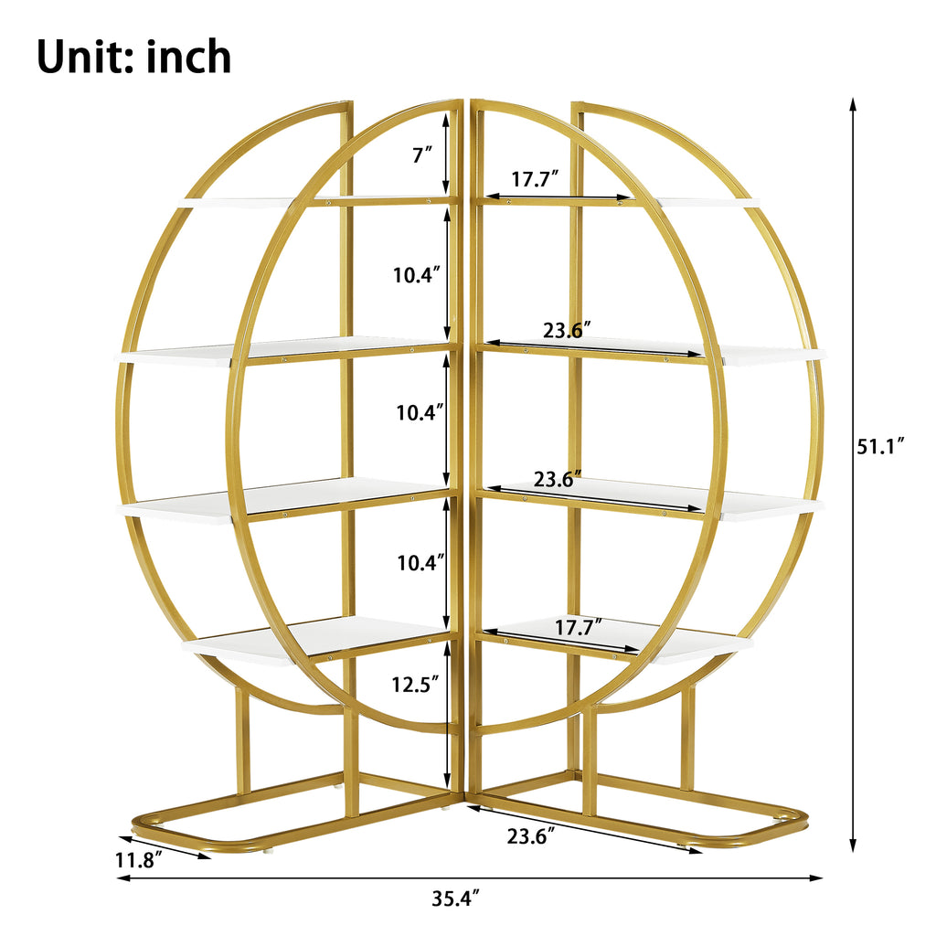 Leoglint 4 Tiers Home Office Open Bookshelf, Round Shape, Different Placement Ways, MDF Board, Gold Metal Frame, White