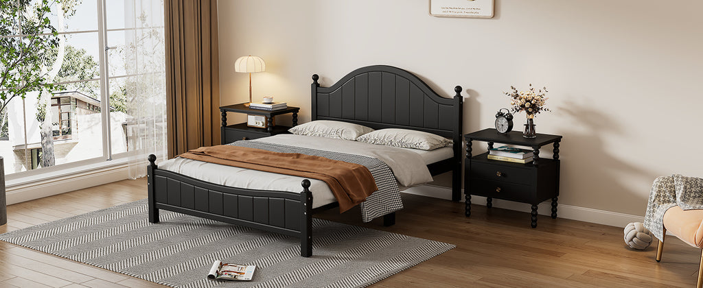 Traditional Concise Style Black Solid Wood Platform Bed Frame, No Need Box Spring, Full