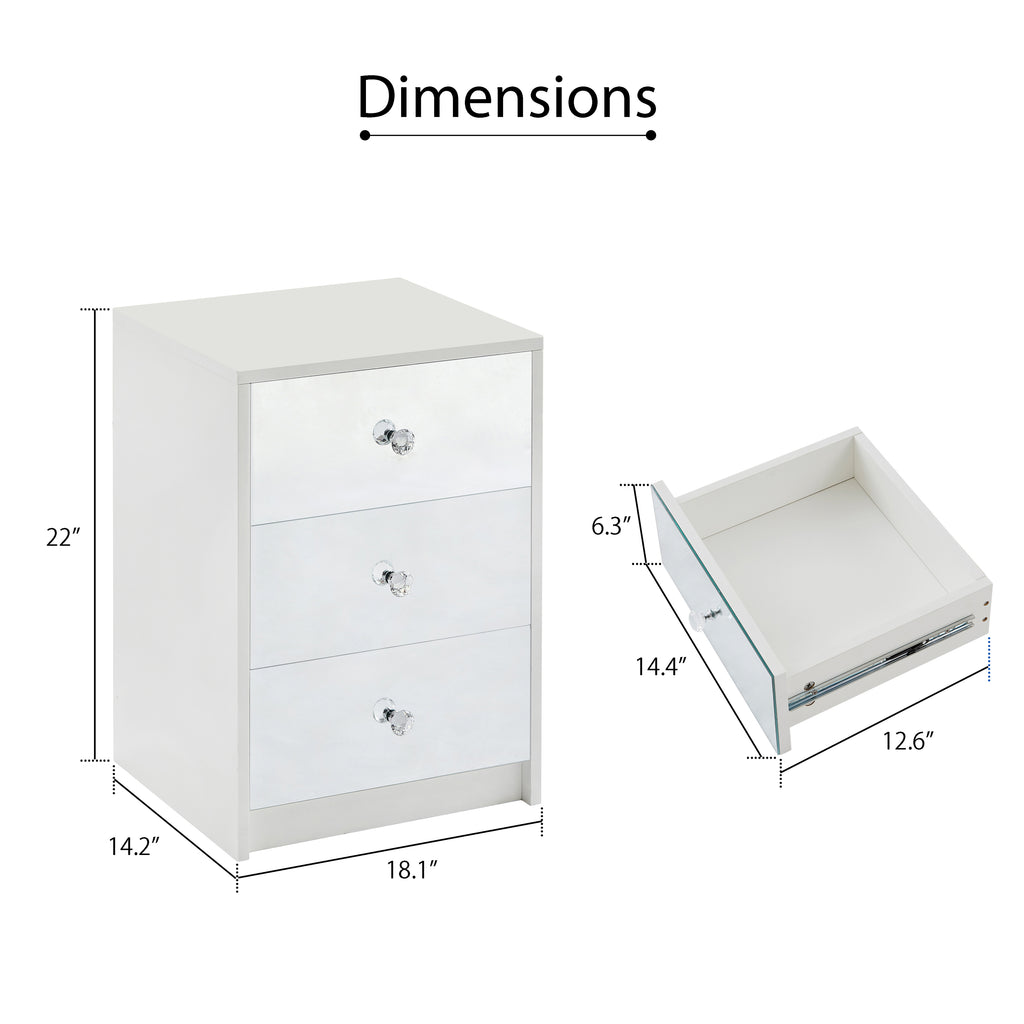 Leoglint 3 Drawer Chest Nightstand for Bedroom, Modern Wood and Mirrored Nightstand, Square Bedside Glass End Table with Storage for Bedroom Room, Sofa, White