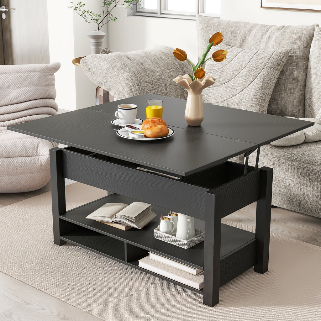 Leoglint [VIDEO provided] ON-TREND Lift Top Coffee Table, Multi-Functional Coffee Table with Open Shelves, Modern Lift Tabletop Dining Table for Living Room, Home Office, Black