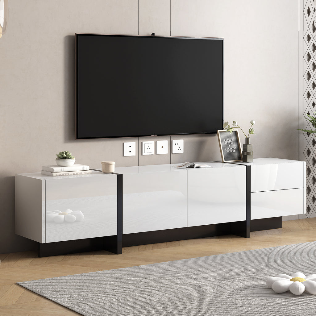 Leoglint [VIDEO provided] ON-TREND White & Black Contemporary Rectangle Design TV Stand, Unique Style TV Console Table for TVs Up to 80'', Modern TV Cabinet with High Gloss UV Surface for Living Room.