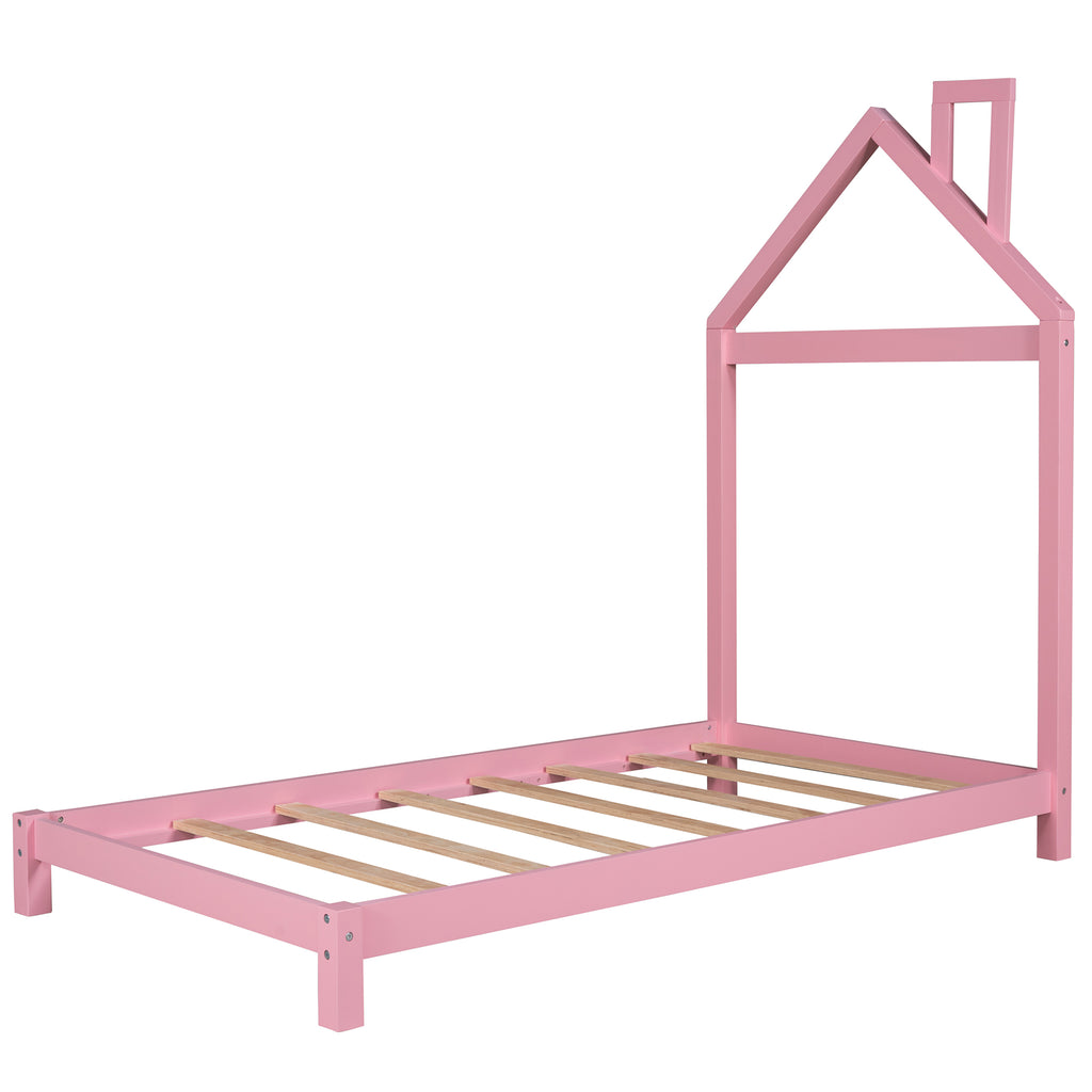 Leoglint Twin Size Wood Platform Bed Frame with House-shaped Headboard  (Pink)