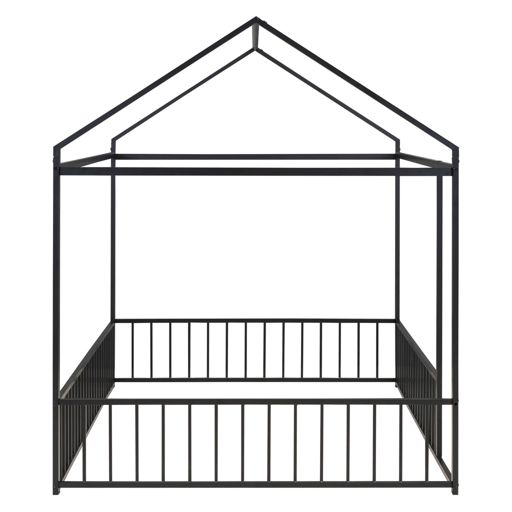 Leoglint Full Size Metal Bed House Bed Frame with Fence, for Kids, Teens, Girls, Boys,Black