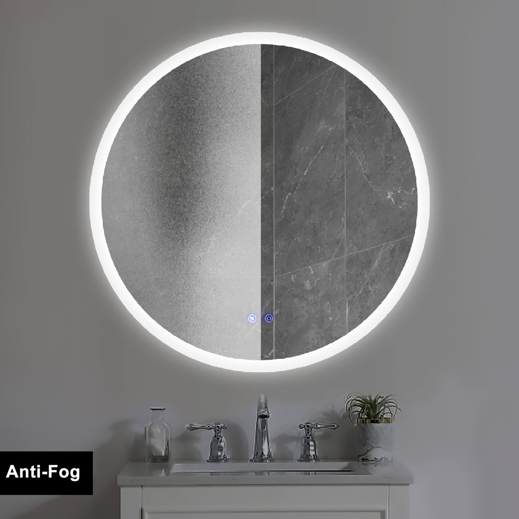 Leoglint 32 x 32 Inch Round Frameless LED Illuminated Bathroom Mirror, Touch Button Defogger, Metal, Silver