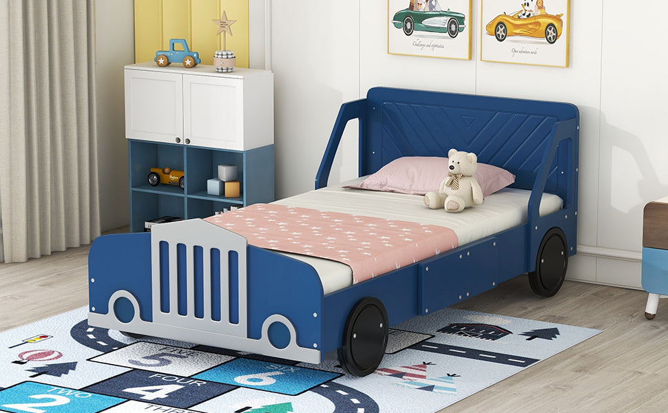 Leoglint Twin Size Car-Shaped Platform Bed Frame with Wheels,Blue