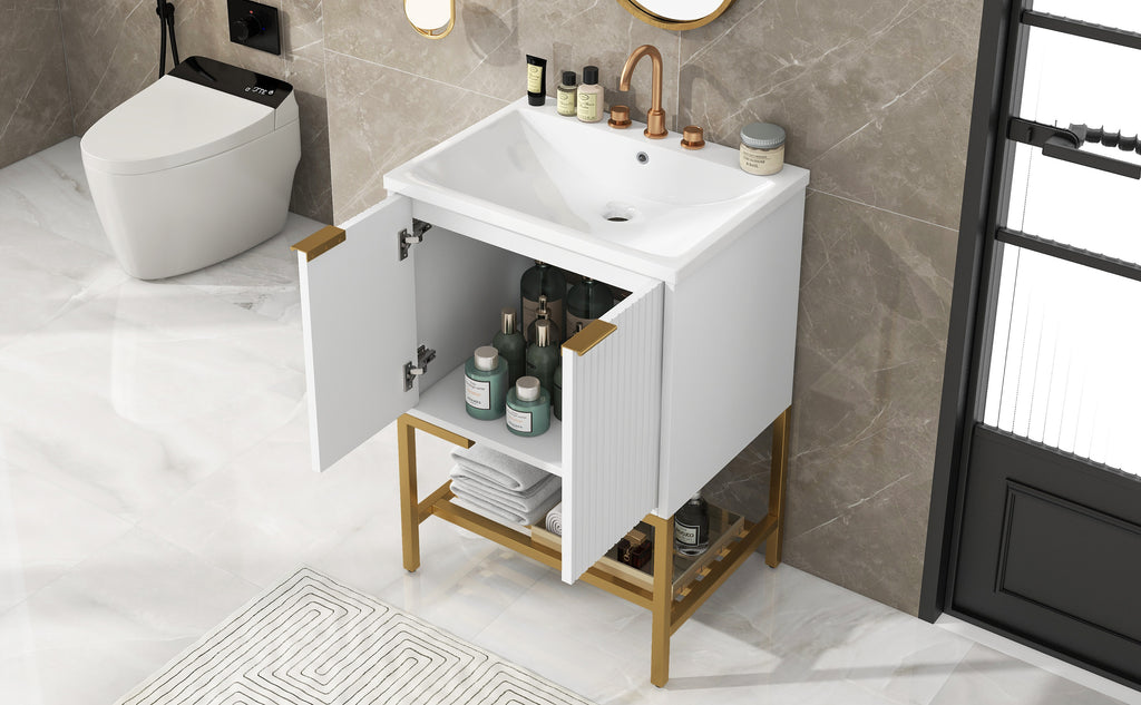 Leoglint 24" Bathroom Vanity with Sink, Bathroom Vanity Cabinet with Two Doors and Gold Metal Frame, Open Storage Shelf, White